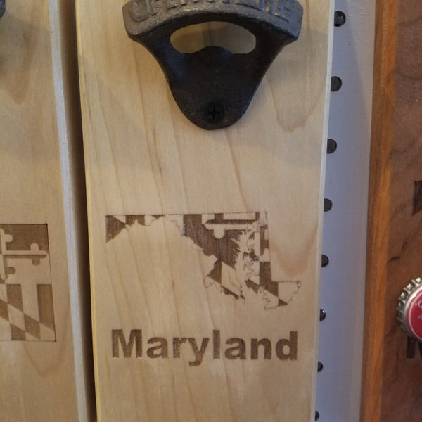 MAGNETIC Bottle Opener - Wall Mounted Bottle Opener - Maryland State Outline - Maryland Flag - Magnetic - Laser Engraved