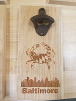 MAGNETIC Bottle Opener - Baltimore Skyline and Maryland Crab - Magnetic - Laser Engraved