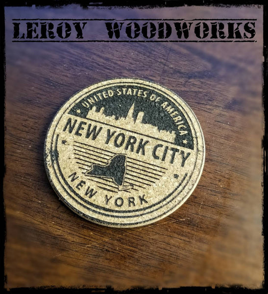 New York City Cork Coaster, laser engraved, custom, man cave, personalized, beer (set of 4)