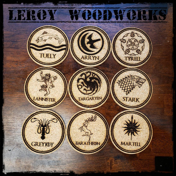 GOT House Sigils Cork Coasters, Game of Thrones, Laser Engraved, Custom, Man Cave, Personalized, Beer