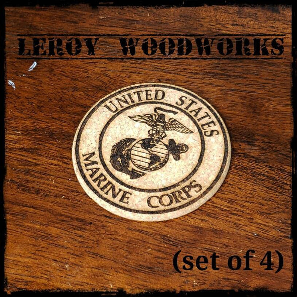 United States Marine Corps Cork Coasters, USA, America, Military, Laser Engraved, Custom, Personalized, Beer (set of 4)