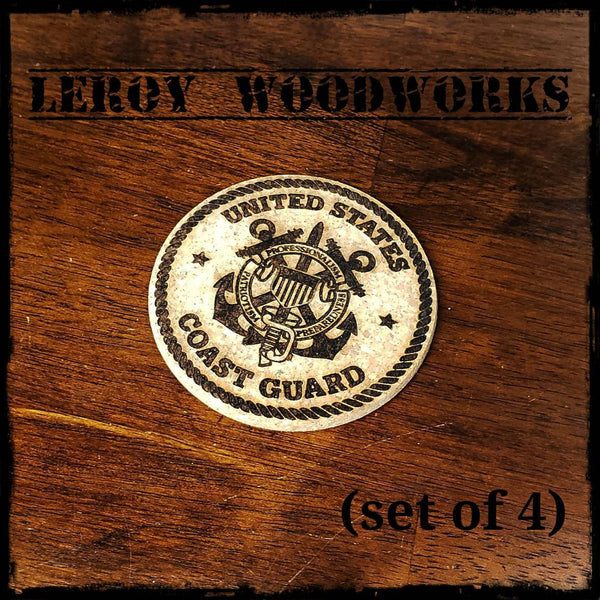 United States Coast Guard Cork Coasters, USA, America, Military, Laser Engraved, Custom, Man Cave, Personalized, Beer (set of 4)