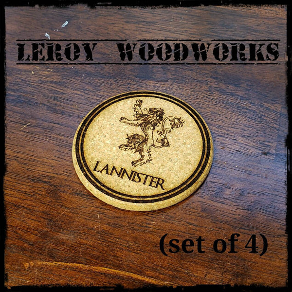 GOT House Lannister Cork Coasters, Game of Thrones, Laser Engraved, Custom, Man Cave, Personalized, Beer (set of 4)