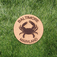 Baltimore Maryland Crab Cork Coasters, Laser Engraved, Custom, Man Cave, Personalized, Beer (set of 4)