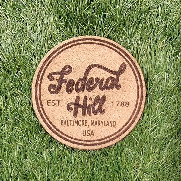 Federal Hill Baltimore Maryland Cork Coasters, Laser Engraved, Custom, Man Cave, Personalized, Beer (set of 4)